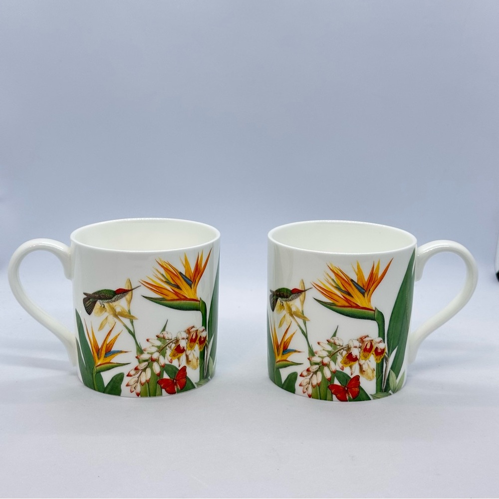 Pair of Stechcol Gracie Hummingbird and Bird of Paradise Design Bone China Mugs